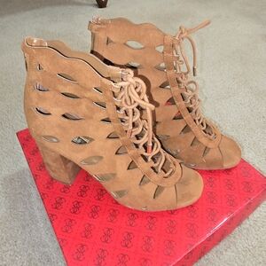 Guess Tan Cutout Lace-Up Heeled Boots